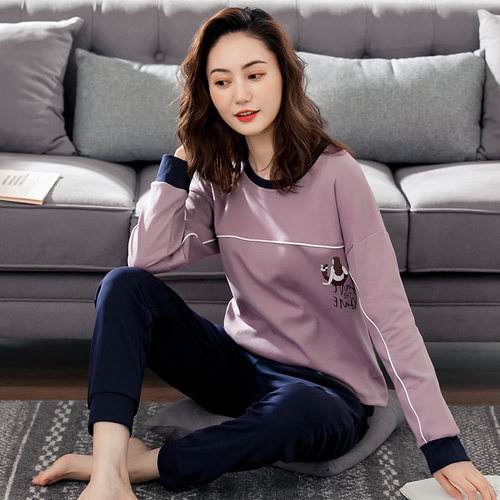 春秋款睡衣女士长袖纯棉可外穿休闲宽松全棉高级感紫色家居服秋季 - 图0