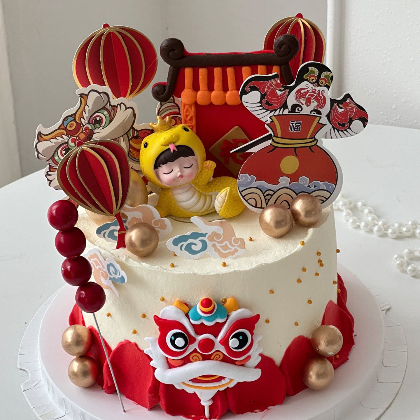 中式蛇宝宝周岁满月百天舞狮蛋糕装饰儿童一周岁平安喜乐醒狮插件,淘宝优惠券,粉丝福利购,淘宝优惠卷
