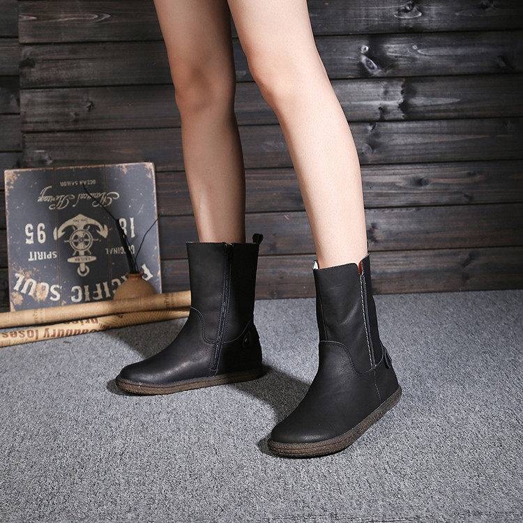 原创手工复古牛皮靴子女中筒靴春秋 文艺范真皮休闲骑士靴女平底,淘宝优惠券,粉丝福利购,淘宝优惠卷