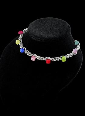 原创彩色小方糖choker项链锁骨链