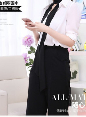 绿色柔软绸缎细窄绑脖子丝巾项链长款女衬衫配饰领带蝴蝶结毛衣链