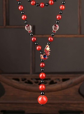 凤凰小鱼红色玉石串珠流苏毛衣链