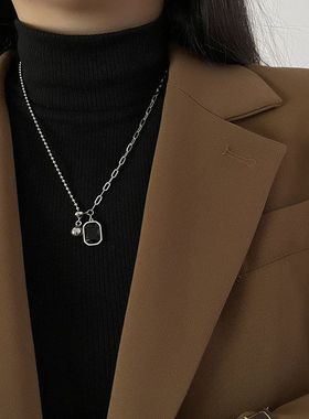 方形黑色宝石吊坠钛钢项链短款女