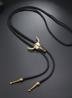 合金皮绳男女复古牛头项链领带长