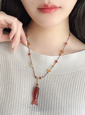 玉石天然石女小清新复古项链长款