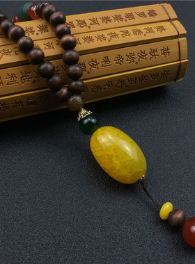 黄色碎纹玛瑙椭圆吊坠木质佛珠长项链潮男女衣服挂件配饰挂坠夏季