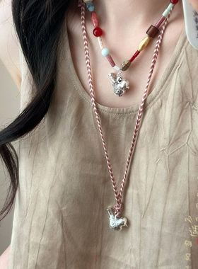 新中式多宝满足鸟串珠吊坠项链女复古叠戴编绳长款毛衣链挂绳配饰