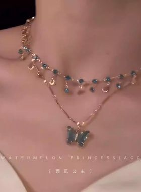 「蓝蝶之恋」蓝色蝴蝶项链女款2024新款爆款双层叠戴锁骨链配饰