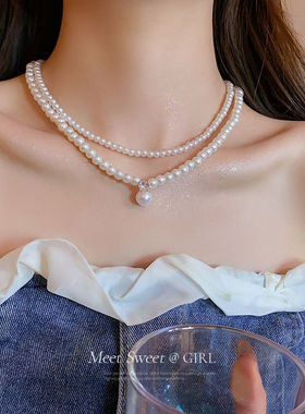 双层叠带锆石珍珠项链轻奢小众高级感颈链锁骨链2024新款爆款配饰
