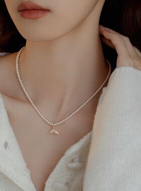 气质百搭珍珠鱼尾吊坠项链女轻奢高级感复古锁骨链小众设计毛衣链