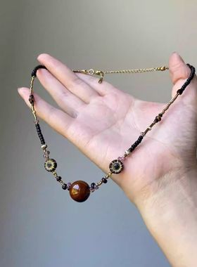 新中式复古vintage串珠项链冷淡风古着棕色系陶瓷锁骨链