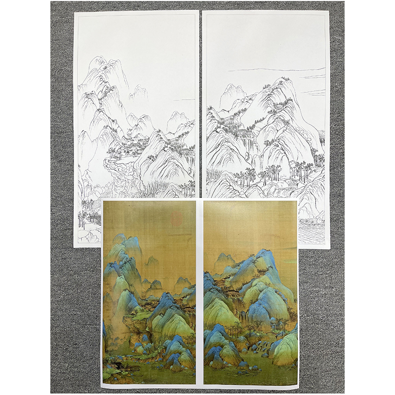 XM02王希孟千里江山图四条屏片段白描底稿4幅工笔画国画山水线描 - 图2