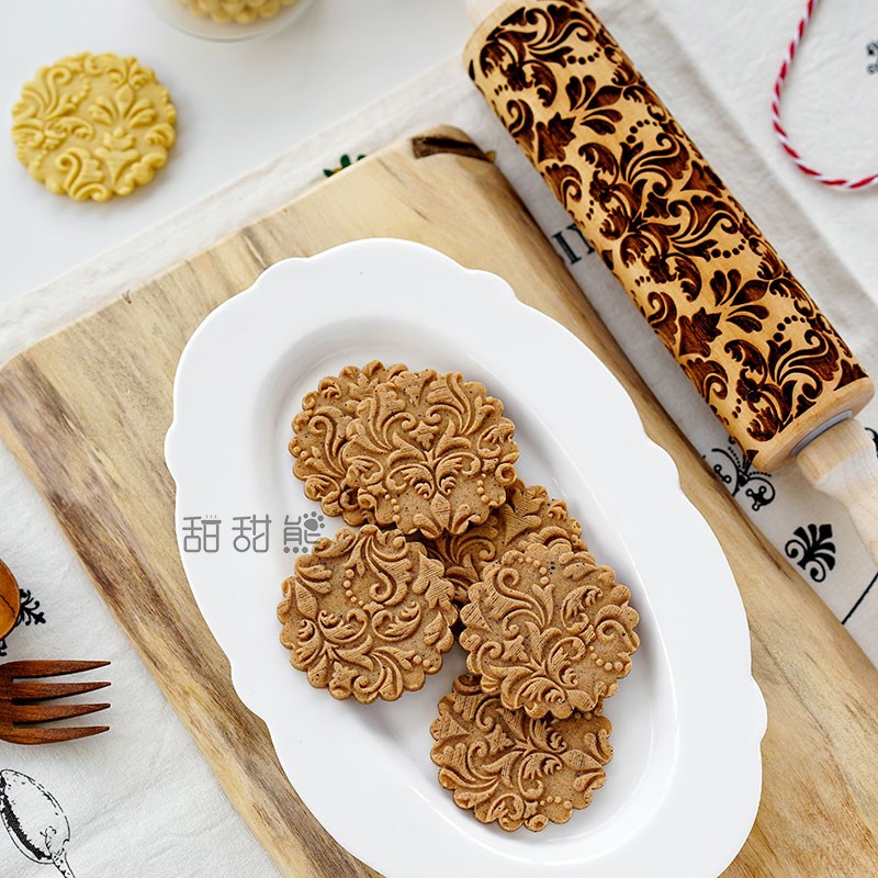 TITIBEAR欧式复古花纹饼干印花擀面杖加深激光雕刻烘焙饼干模具 - 图2