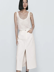 Massimo Dutti女装 2024春白色开叉牛仔裙显瘦半身裙 05201801427