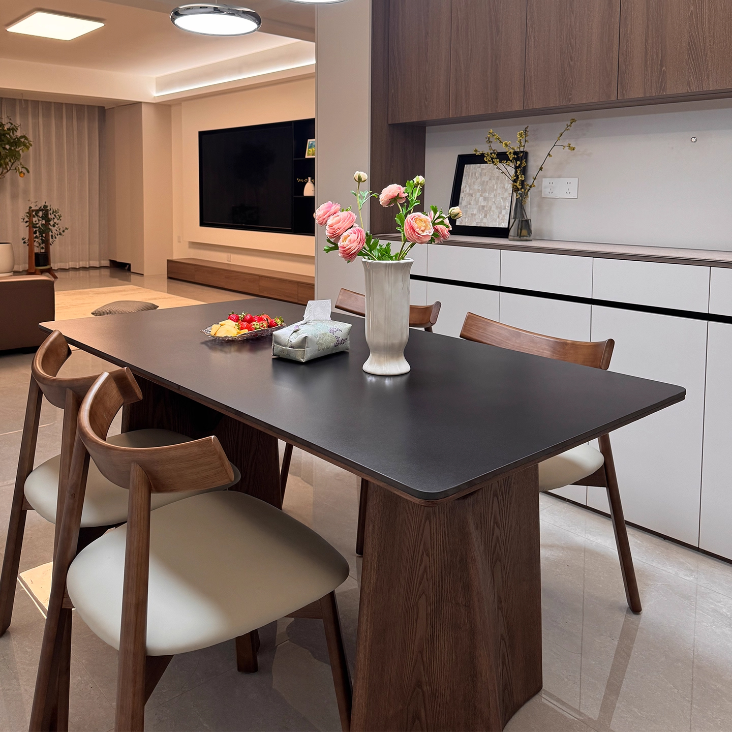 中古风实木岩板餐桌长方形家用广东佛山轻奢胡桃木色黑色岩板餐桌 - 图0