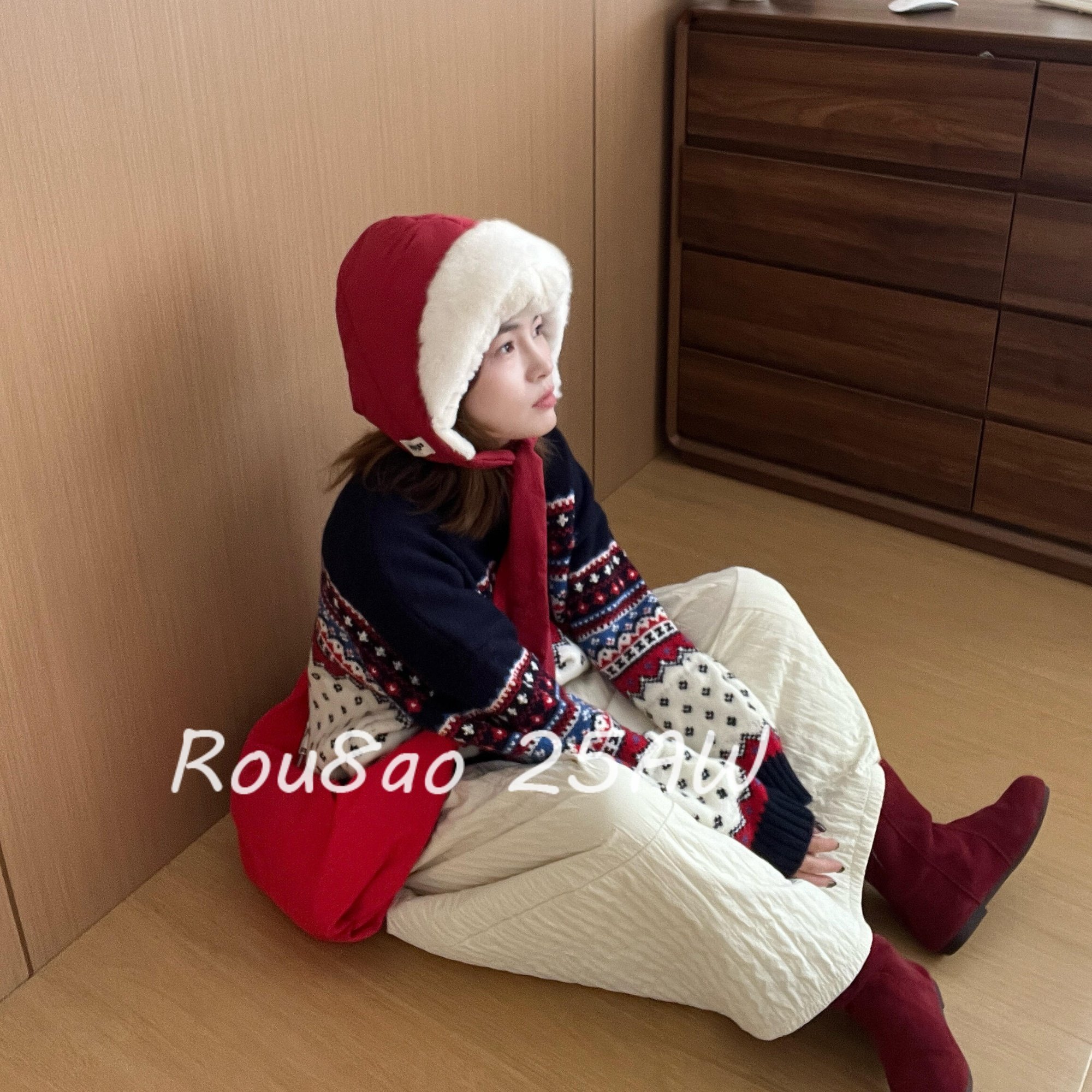 Rou8ao微胖大码女装韩版复古提花半开领宽松毛衣白色半身裙两件套,淘宝优惠券,粉丝福利购,淘宝优惠卷