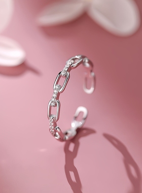 S925纯银个性猪鼻子戒指女链条戒时尚气质百搭小众设计高级感指环