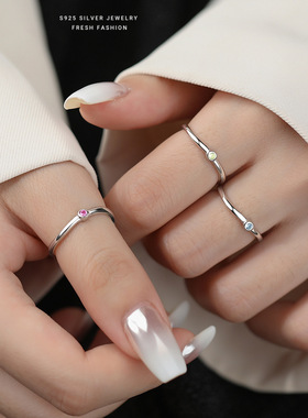 韩版INS简约光面细戒S925纯银彩锆开口戒指女时尚小众百搭食指戒