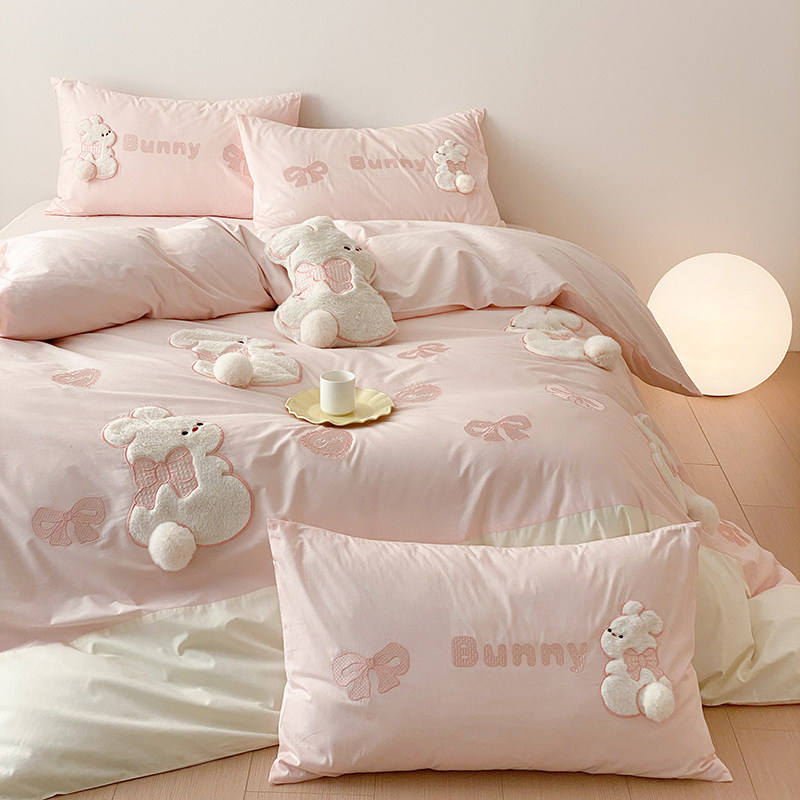 ins卡通粉色少女小兔子全棉水洗棉四件套纯棉床单三件套儿童床品,淘宝优惠券,粉丝福利购,淘宝优惠卷