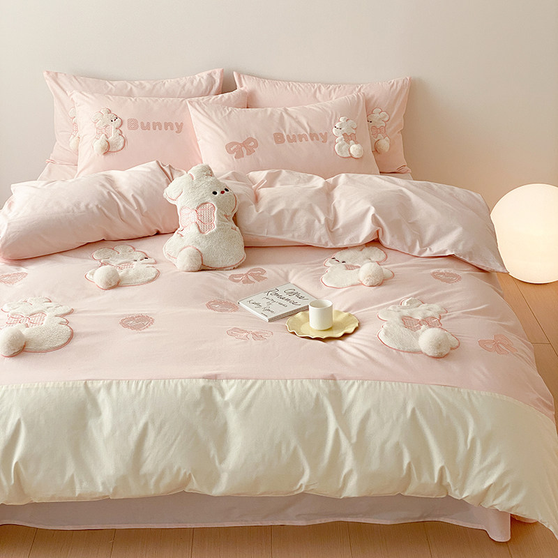 ins卡通粉色少女小兔子全棉水洗棉四件套纯棉床单三件套儿童床品,淘宝优惠券,粉丝福利购,淘宝优惠卷