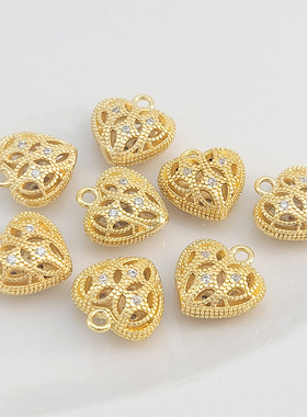 18K包金保色镶钻镂空爱心吊坠diy串珍珠项链手链桃心挂件吊饰配件