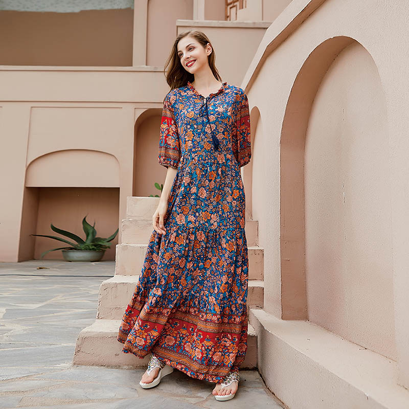 墨莎复古宫廷风大码连衣裙女高个子长裙到脚踝遮肉洋气宽松大摆裙 - 图0