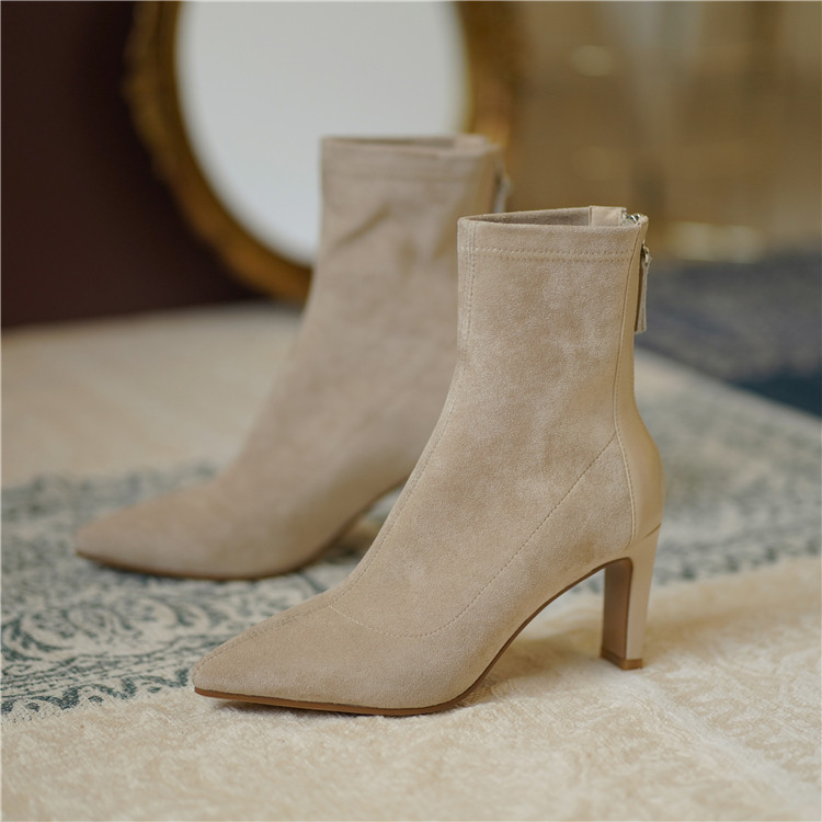 莎梨 巨巨舒服~！CHIC韩国复古杏色尖头高跟弹力短靴瘦瘦靴马丁靴,淘宝优惠券,粉丝福利购,淘宝优惠卷