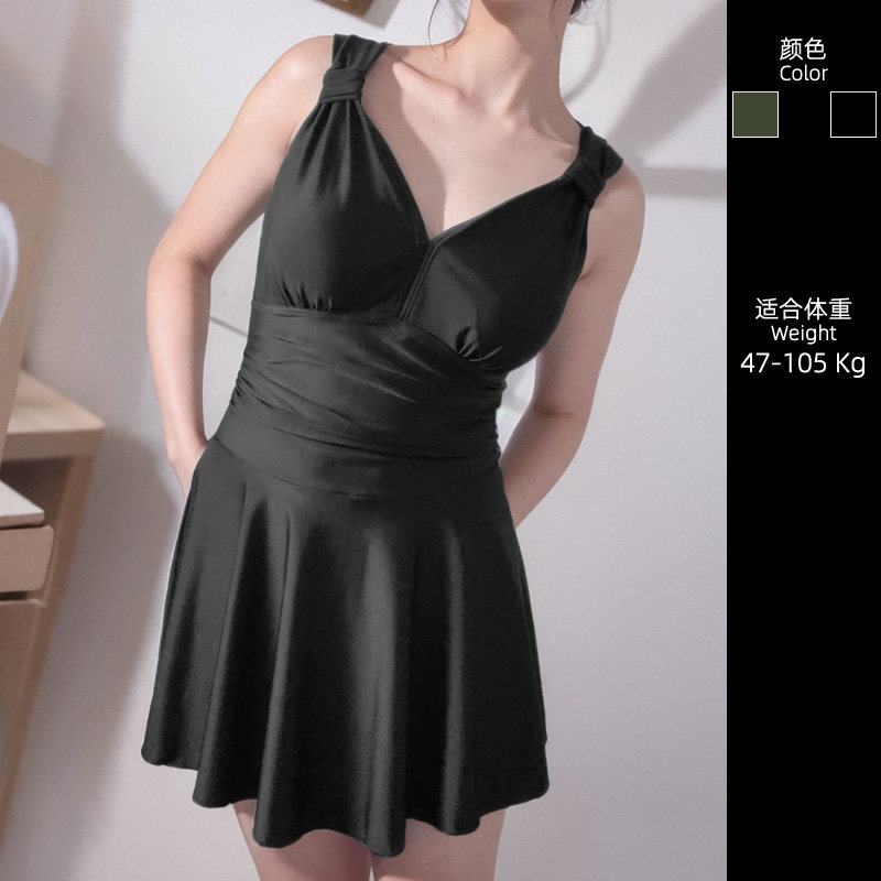 2024新款欧美泳衣大码胖mm遮肉连体200斤裙式平角裤黑色泡温泉V领,淘宝优惠券,粉丝福利购,淘宝优惠卷