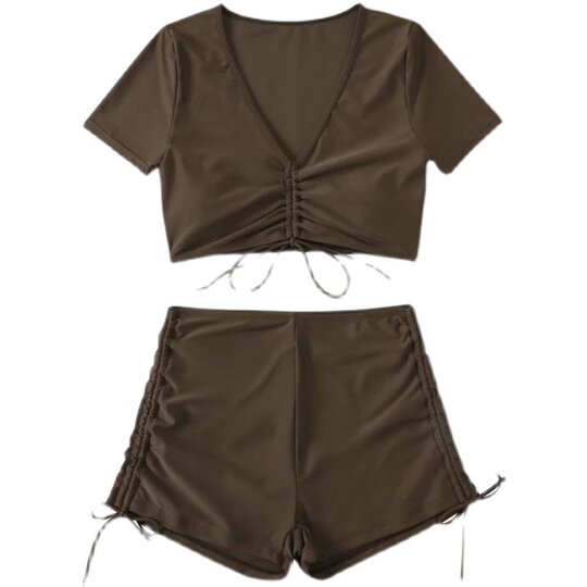 Boxer split swimsuit conservatively covers belly and makes you look thin