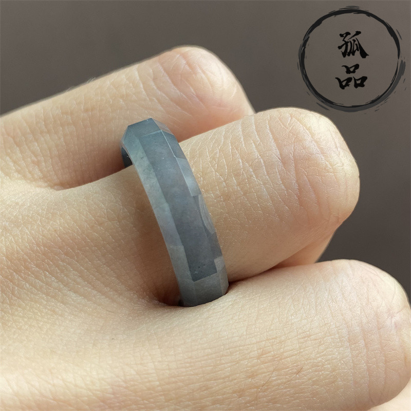 天然A货翡翠冰种黑冰戒指玉石切割面指环男女款对戒18圈口 0172 - 图0