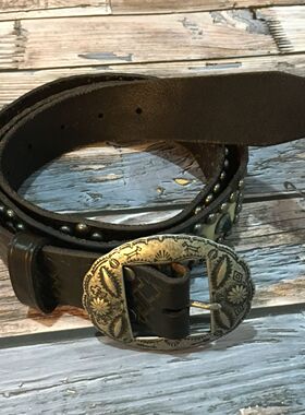 复古青年牛仔针扣水钻皮带压花真皮铆钉椭圆头层牛皮裤子腰带36mm