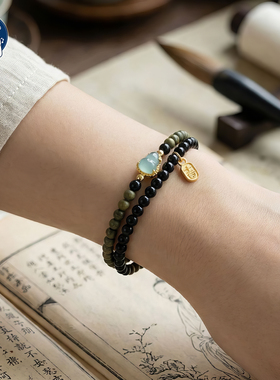 天然绿檀木黑曜石双层木质手链女