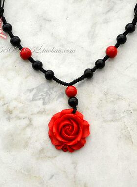 民族风红色玫瑰花朵朱砂锁骨链