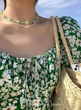 秋天奶油绿编织花朵串珠项链