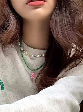 彩色巴洛克珍珠小熊项链