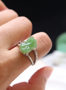 和田玉碧玉貔貅925银镶嵌戒指