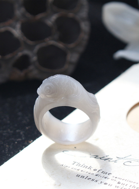 和田玉烟紫金玉满堂金鱼戒指