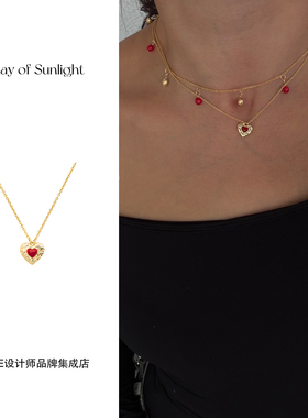 A ray of sunlight 爱心吊坠项链复古原创设计高级精致红色饰品女