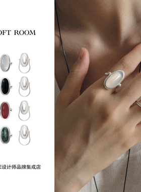 SOFT ROOM 斜纹包边玉石双面戒指天然石小众原创设计复古饰品首饰