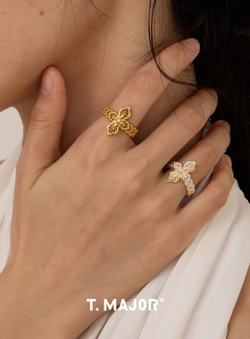 Dare买手店 T.MAJOR 镂空拉丝雕纹双色开口戒925银十字复古首饰女