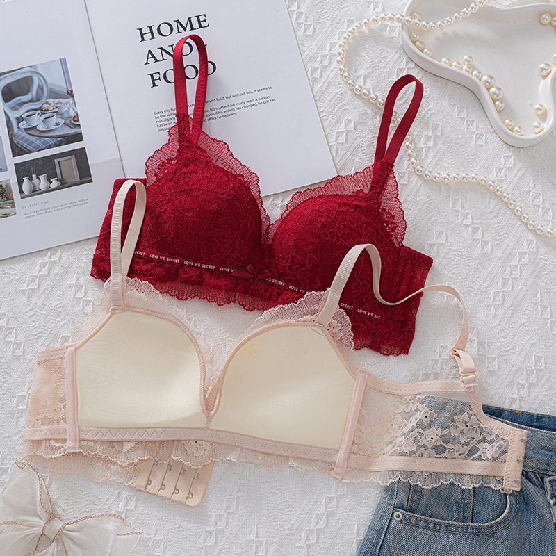 无钢圈蝴蝶结小胸聚拢内衣套装蕾丝花边透气薄款性感美背文胸套装 - 图0