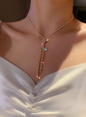 链网红韩国气质项链镶钻女设计感锁骨蝴蝶结花朵复古颈链珍珠流苏