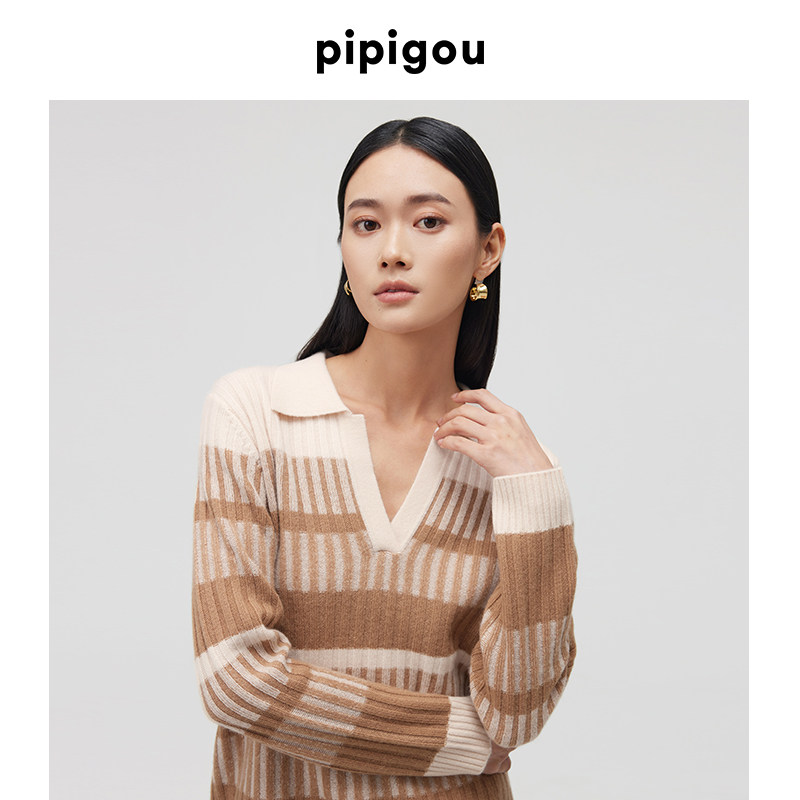 皮皮狗秋季新款翻领撞色条纹羊绒套衫女修身外穿加厚针织衫,淘宝优惠券,粉丝福利购,淘宝优惠卷