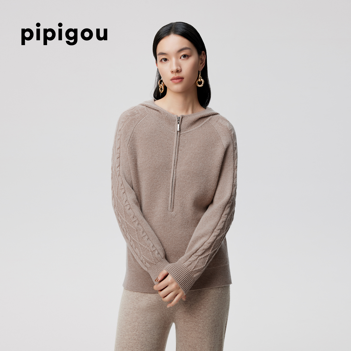 皮皮狗【无染色羊绒】新款连帽领半门襟华夫格宽松落肩绞花加厚款 - 图0