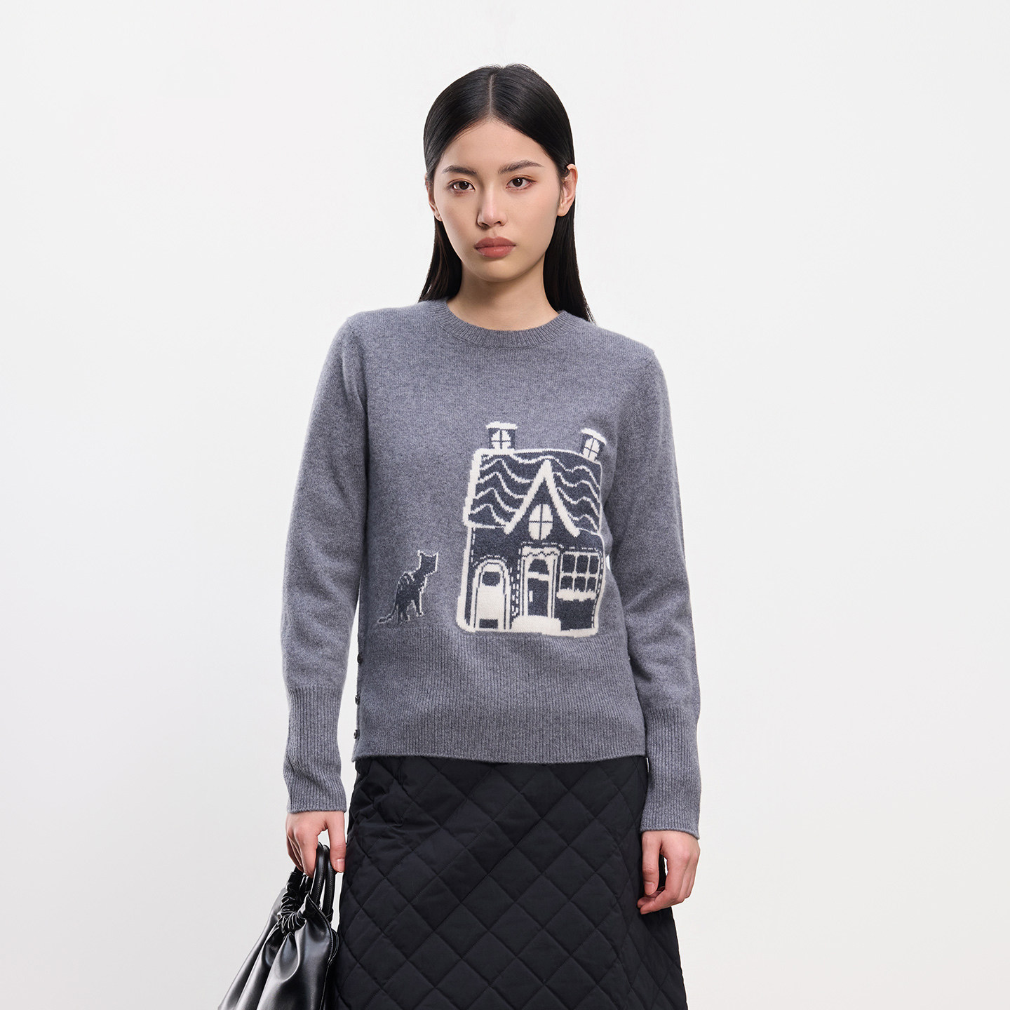 皮皮狗25秋冬新品半高领加厚款羊绒衫卡通提花加宽下摆时尚套衫女,淘宝优惠券,粉丝福利购,淘宝优惠卷