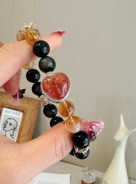 天然水晶蜂蜜奶盖银曜石胶花手链