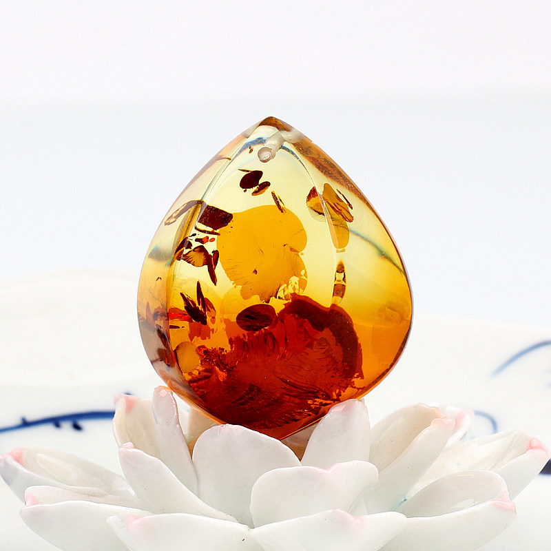 晶立方天然花珀渐变水滴形毛衣链 晶立方项坠/吊坠