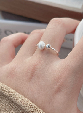 S925纯银简约磨砂拉丝圆珠戒指女时尚个性小众设计百搭开口指环