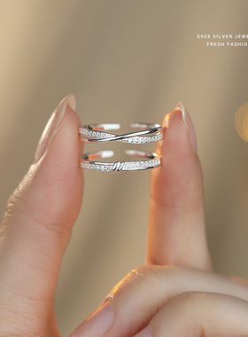 S925纯银情侣对戒 小众设计感交织扭结戒指 开口可调节送女友礼物