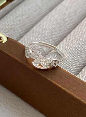 国风小马铜钱戒指S999银开口调节小众设计感招财纳福指环女